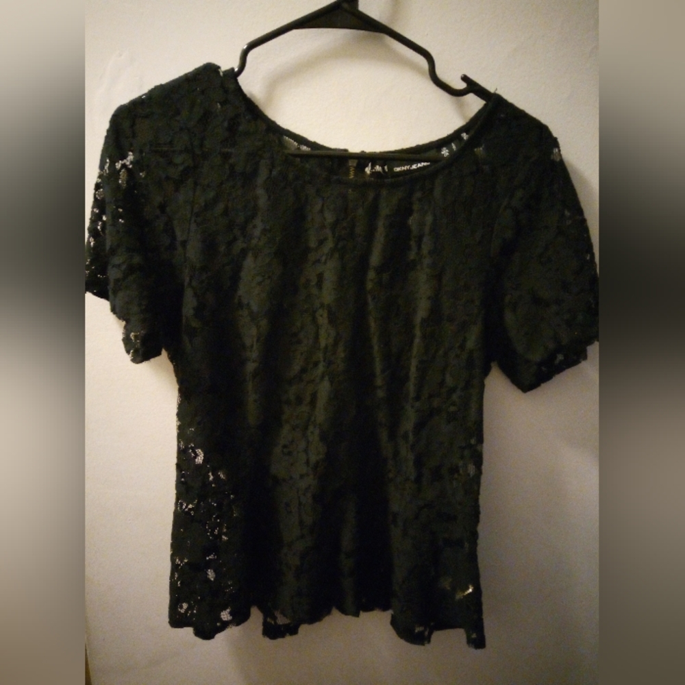 DKNY, Women, Lace Short-sleeved, Shirt, Size (L) Large, Color Black - Picture 2 of 3